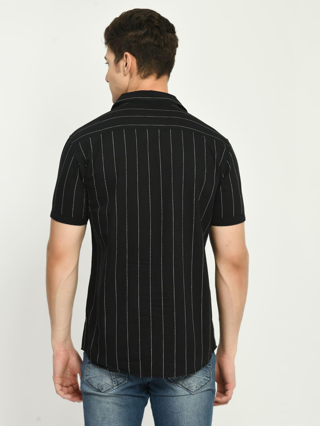 Men's Black Stripes Cotton Spread Collar Shirt