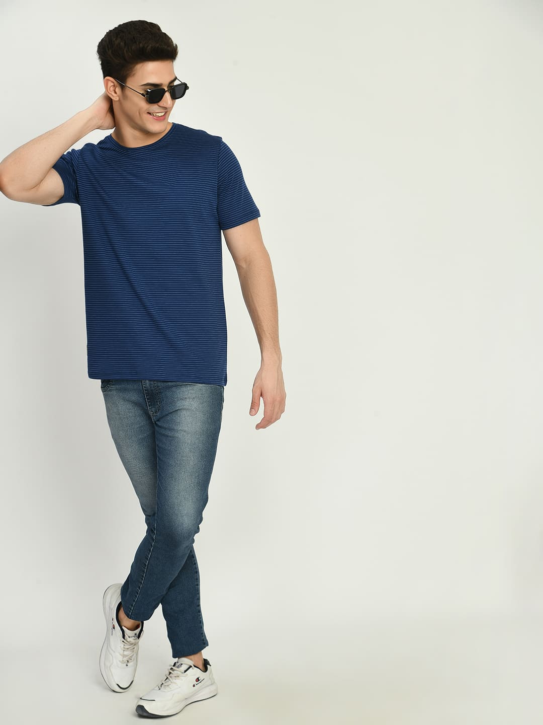 Men's Blue Striped Stylish Half Sleeve T-Shirt