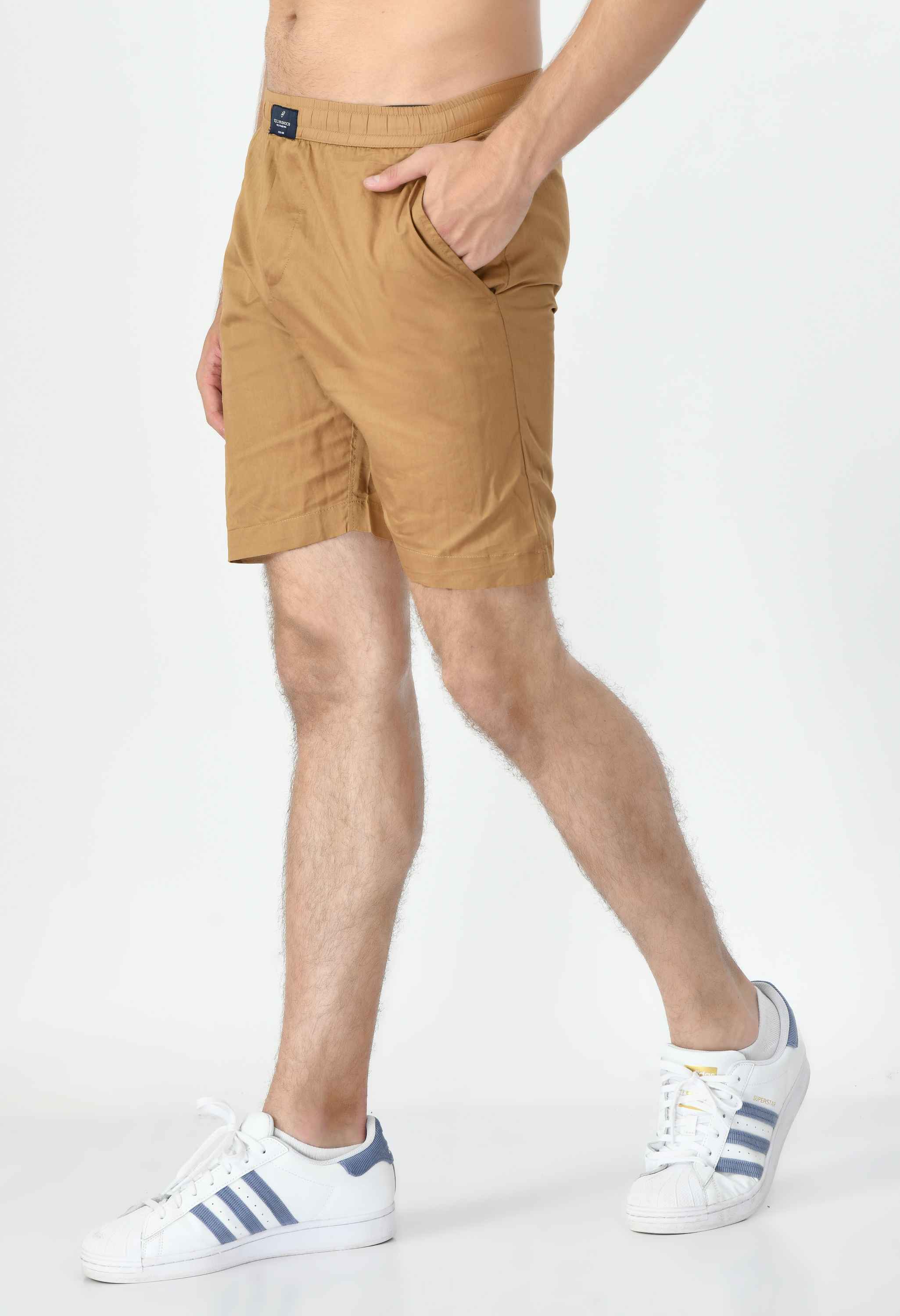 Men's Cotton Twill Solid Boxer with Side Pocket - Beige