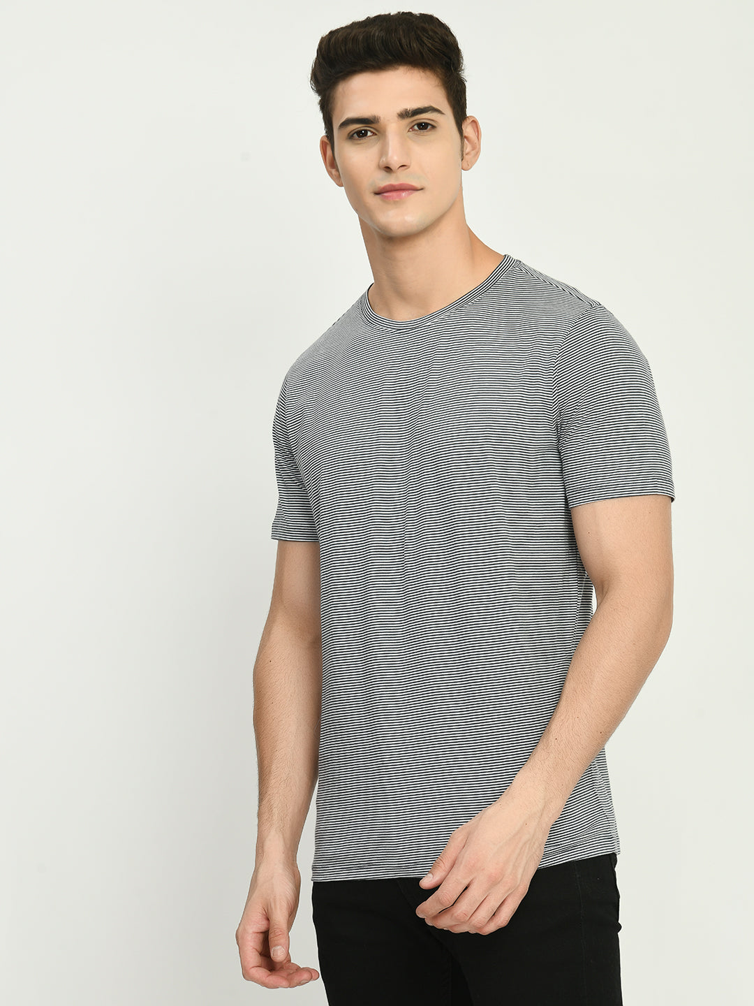 Men's Gray White Striped Crew Neck T-Shirt