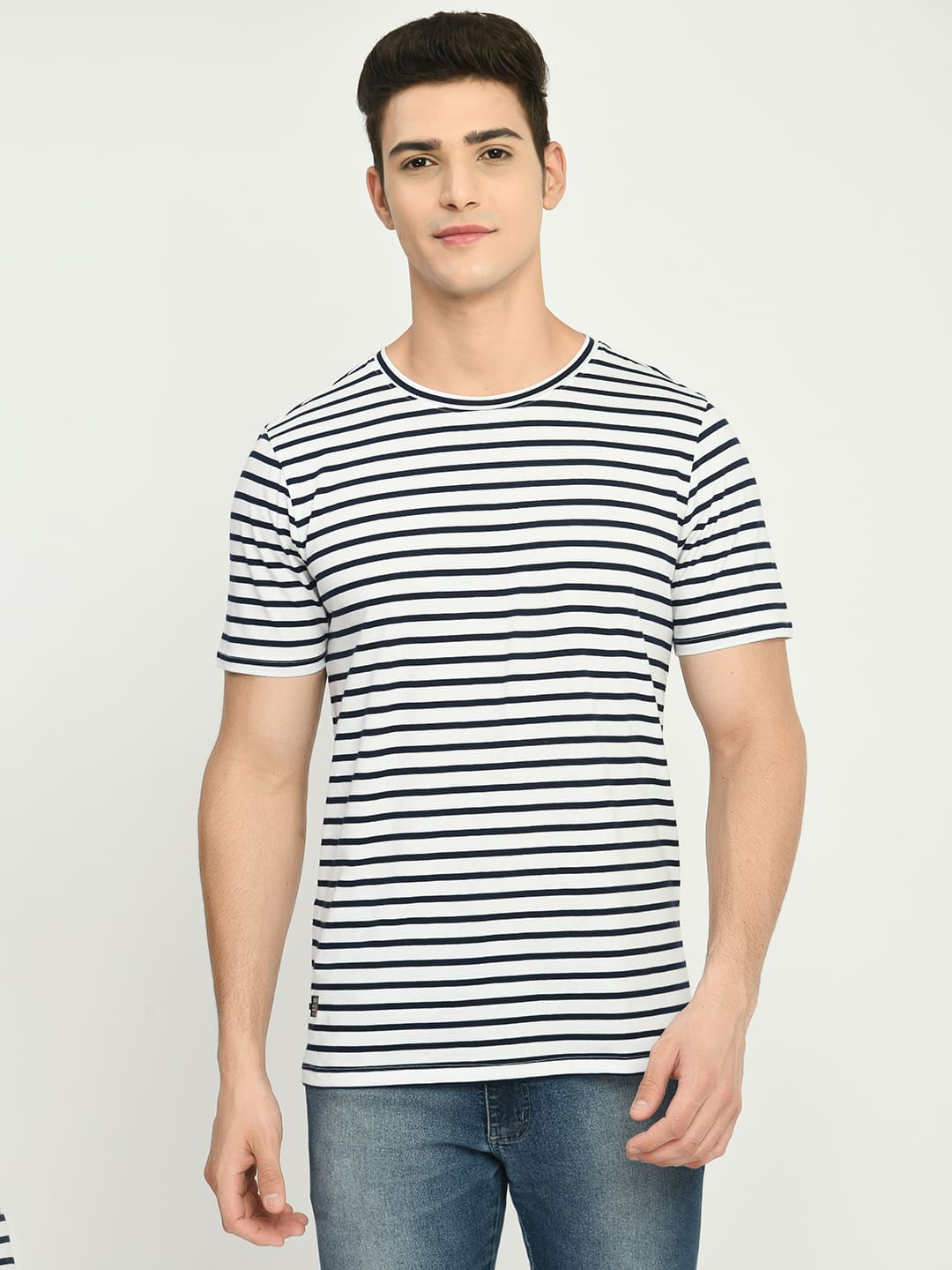 Men's Navy White Striped Round Neck T-Shirt