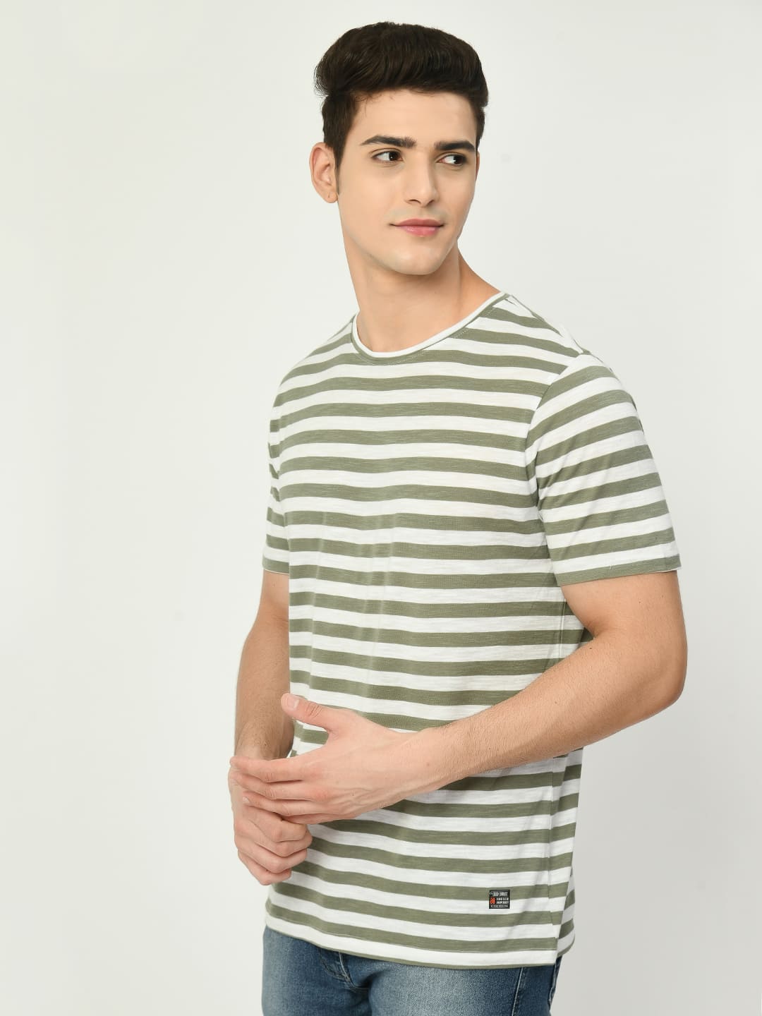 Men's Olive White Striped T-Shirt