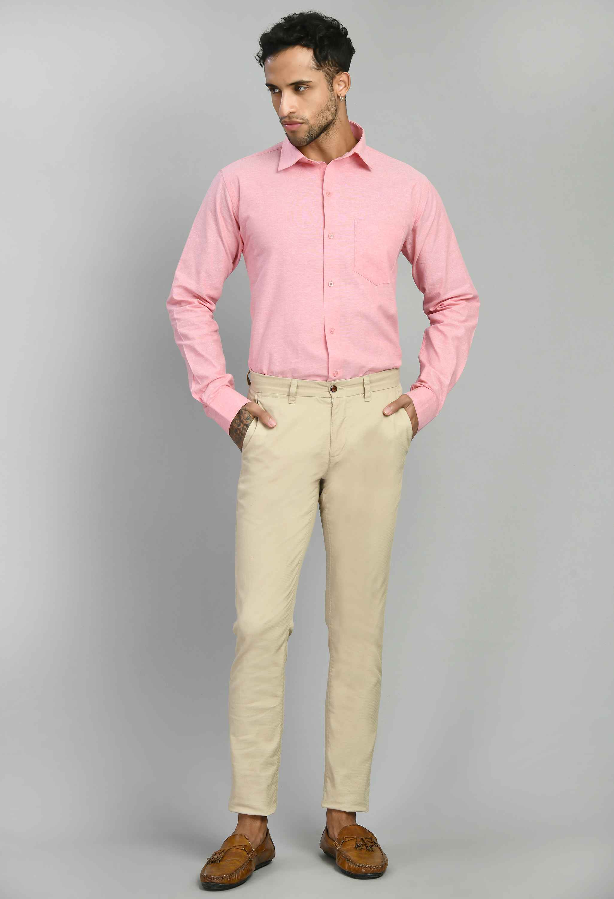 Men's Peach Spread Collar Solid Formal Shirt