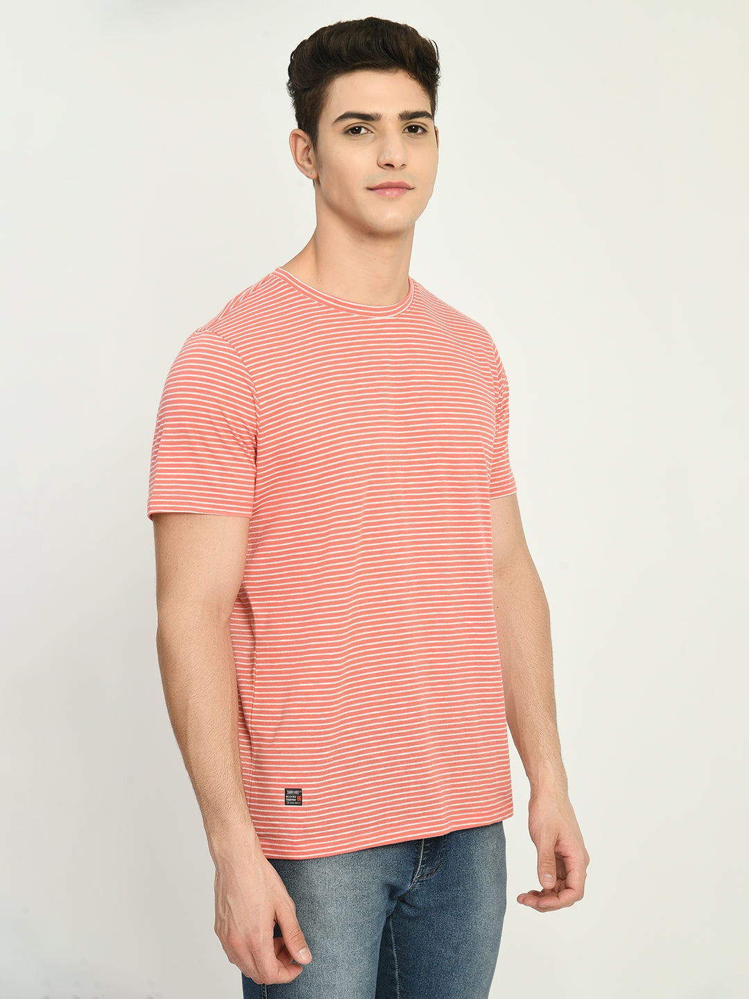 Men's Peach White Striped Knitted T-Shirt