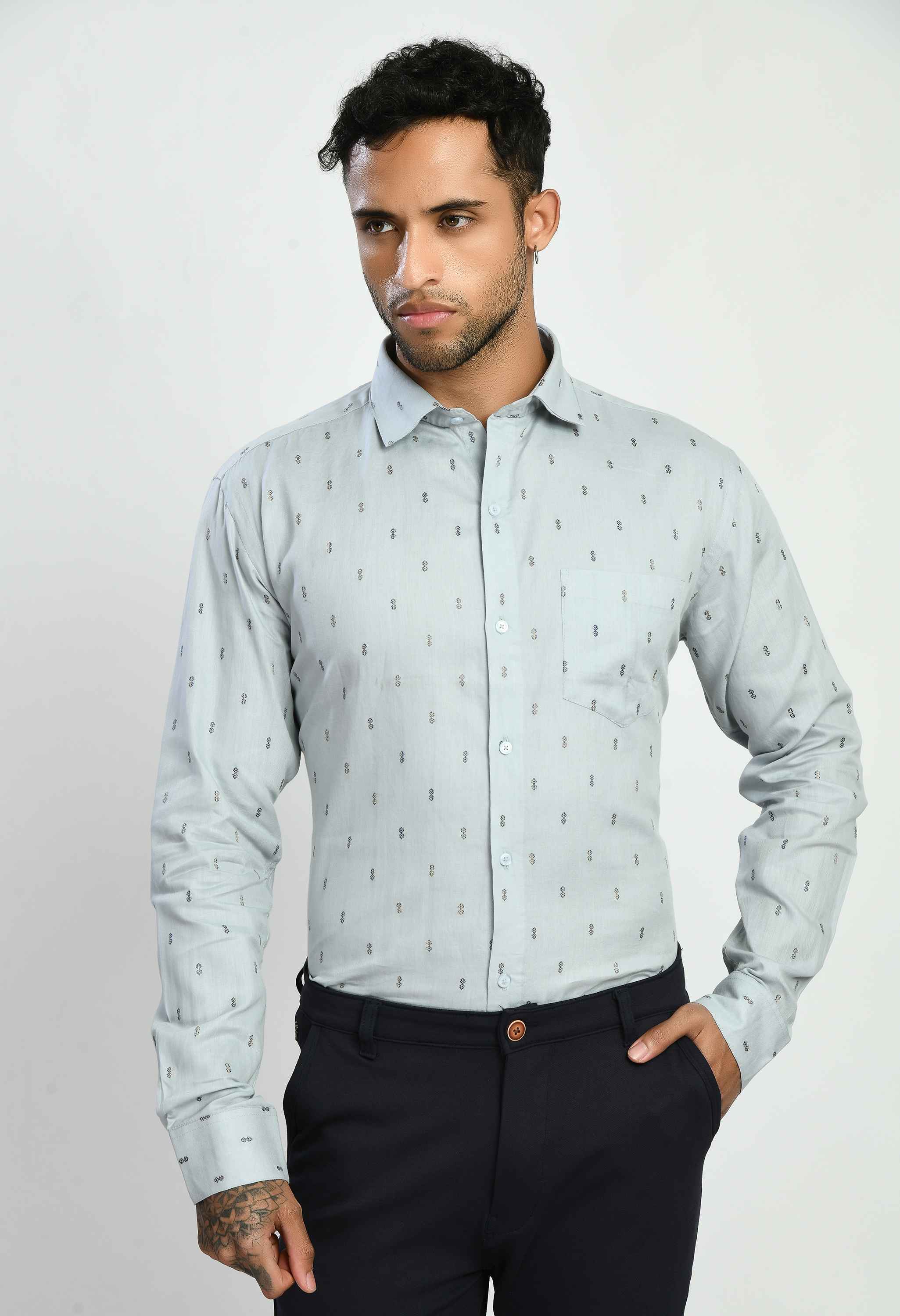 Men's Printed Grey Cotton Spread Collar Formal Shirt