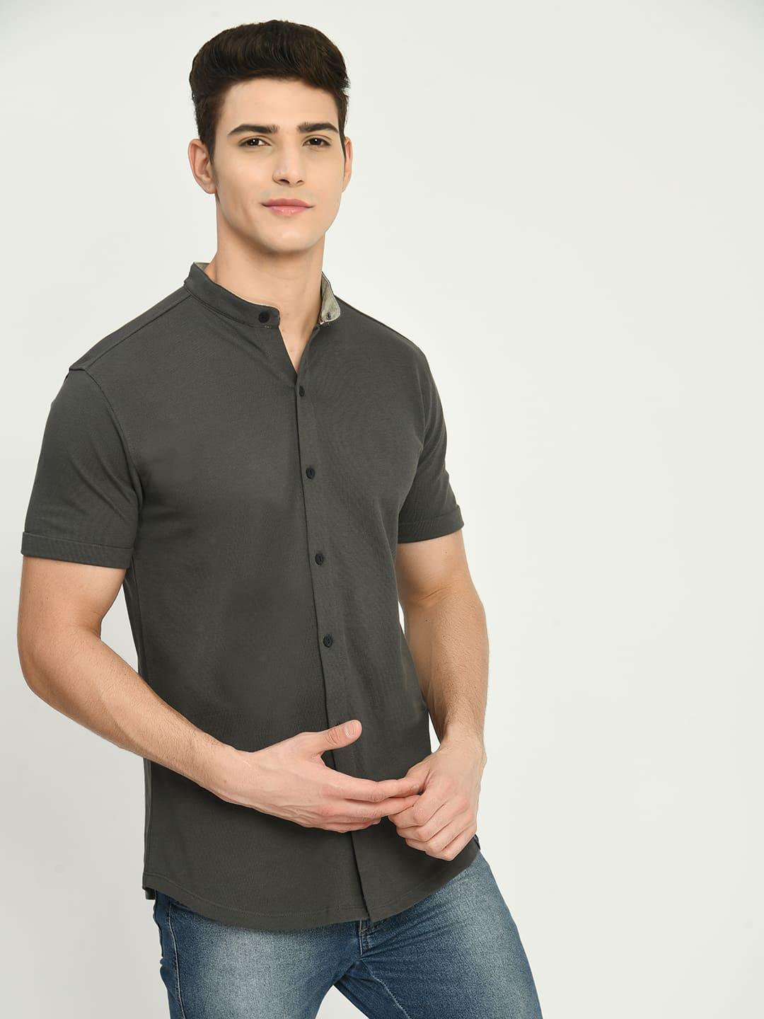 Men's Solid Dark Grey Mandarin Collar Shirt