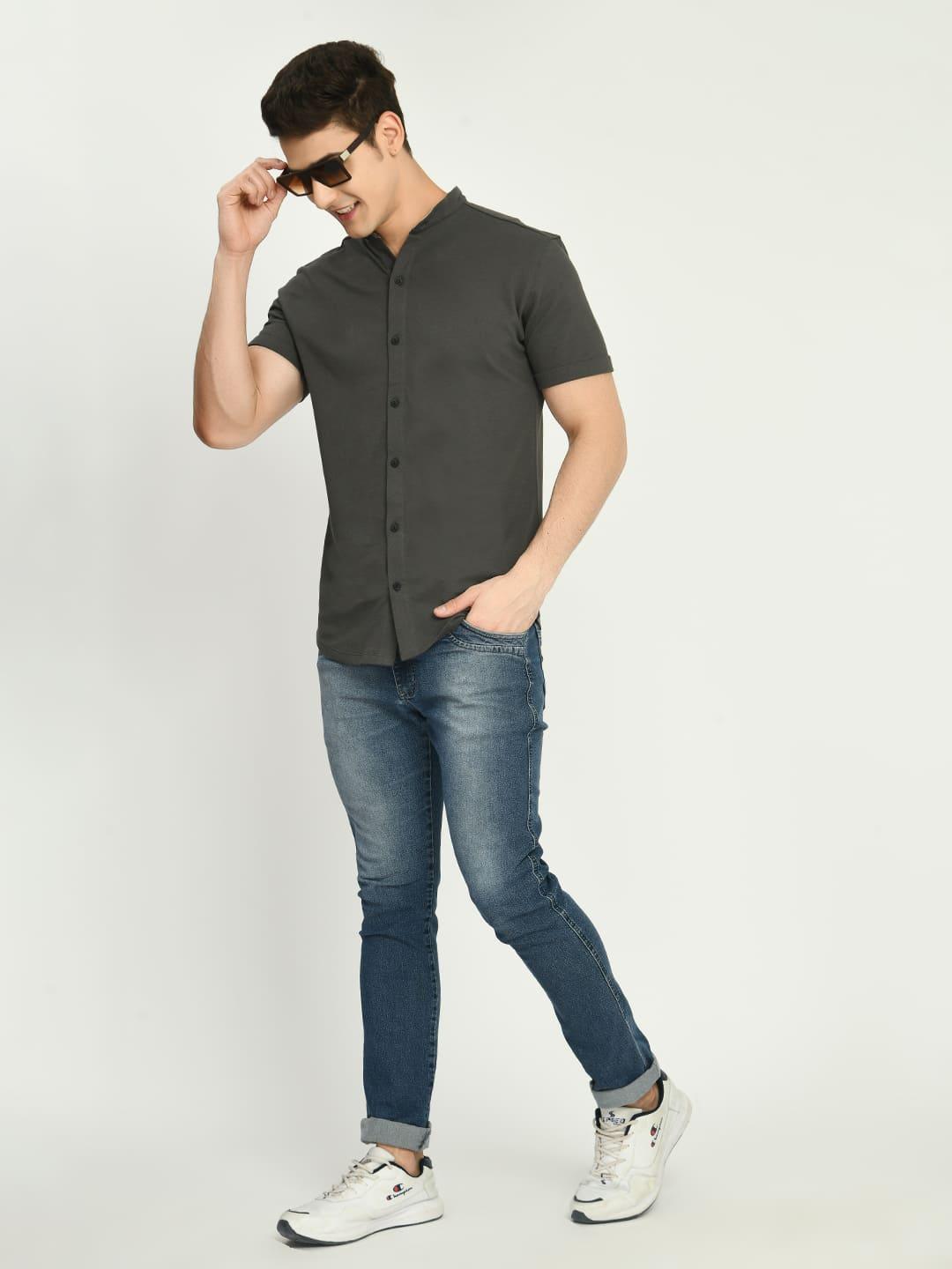 Men's Solid Dark Grey Mandarin Collar Shirt