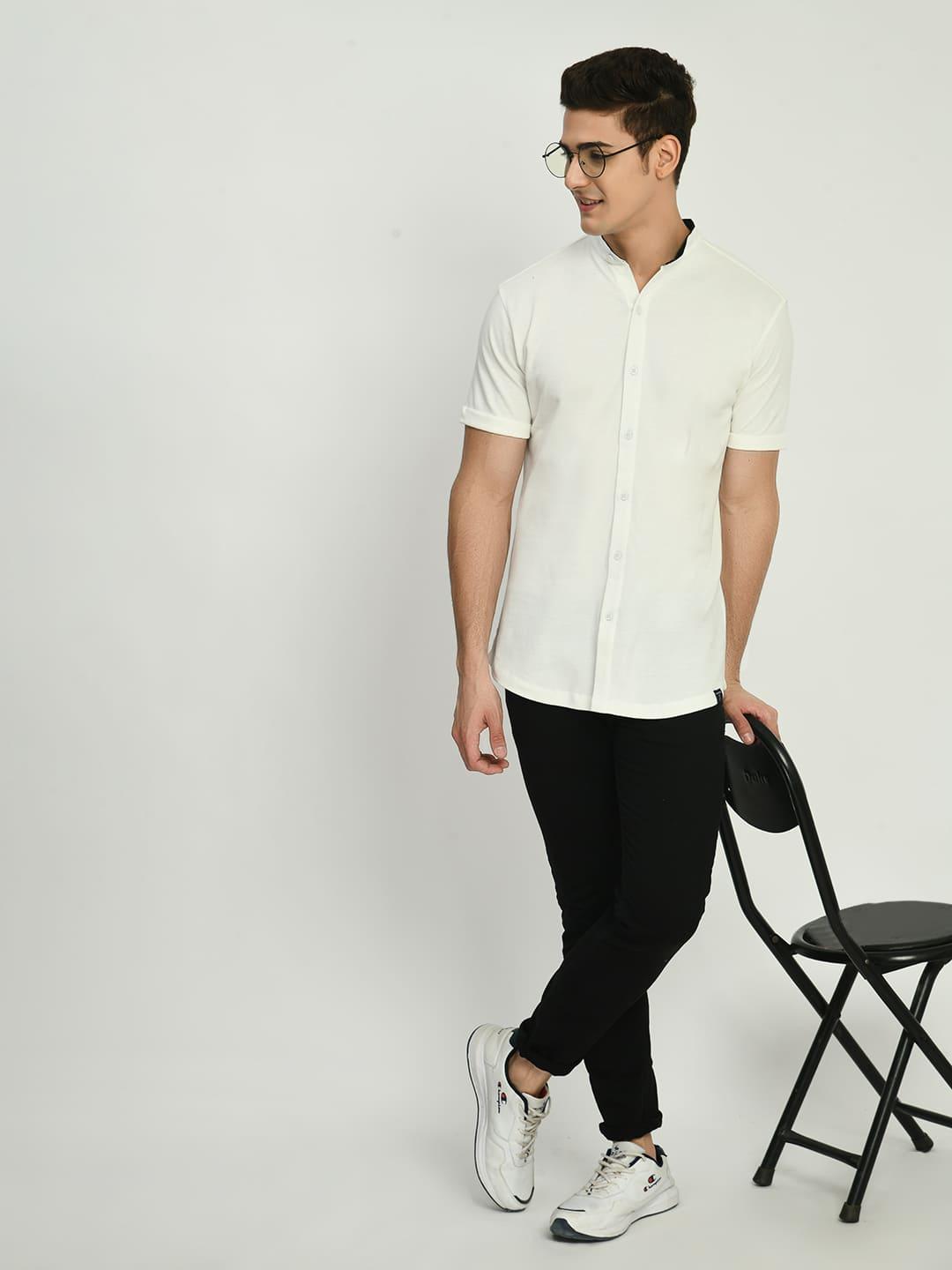 Men's Solid Mandarin Collar Short Sleeve Shirt
