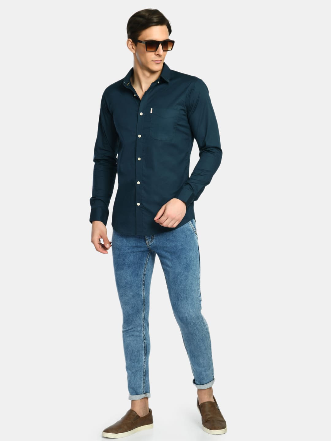 Men's Teal Blue Solid Regular Fit Casual Shirt