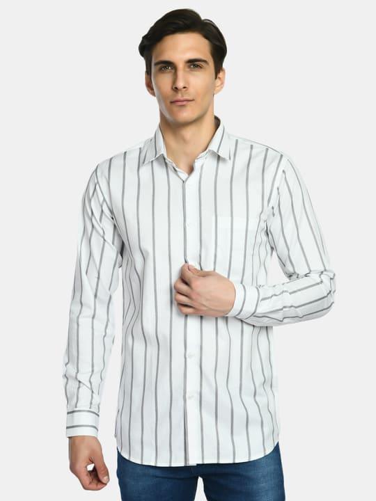 Men's White Stripes Cotton Spread Collar Shirt