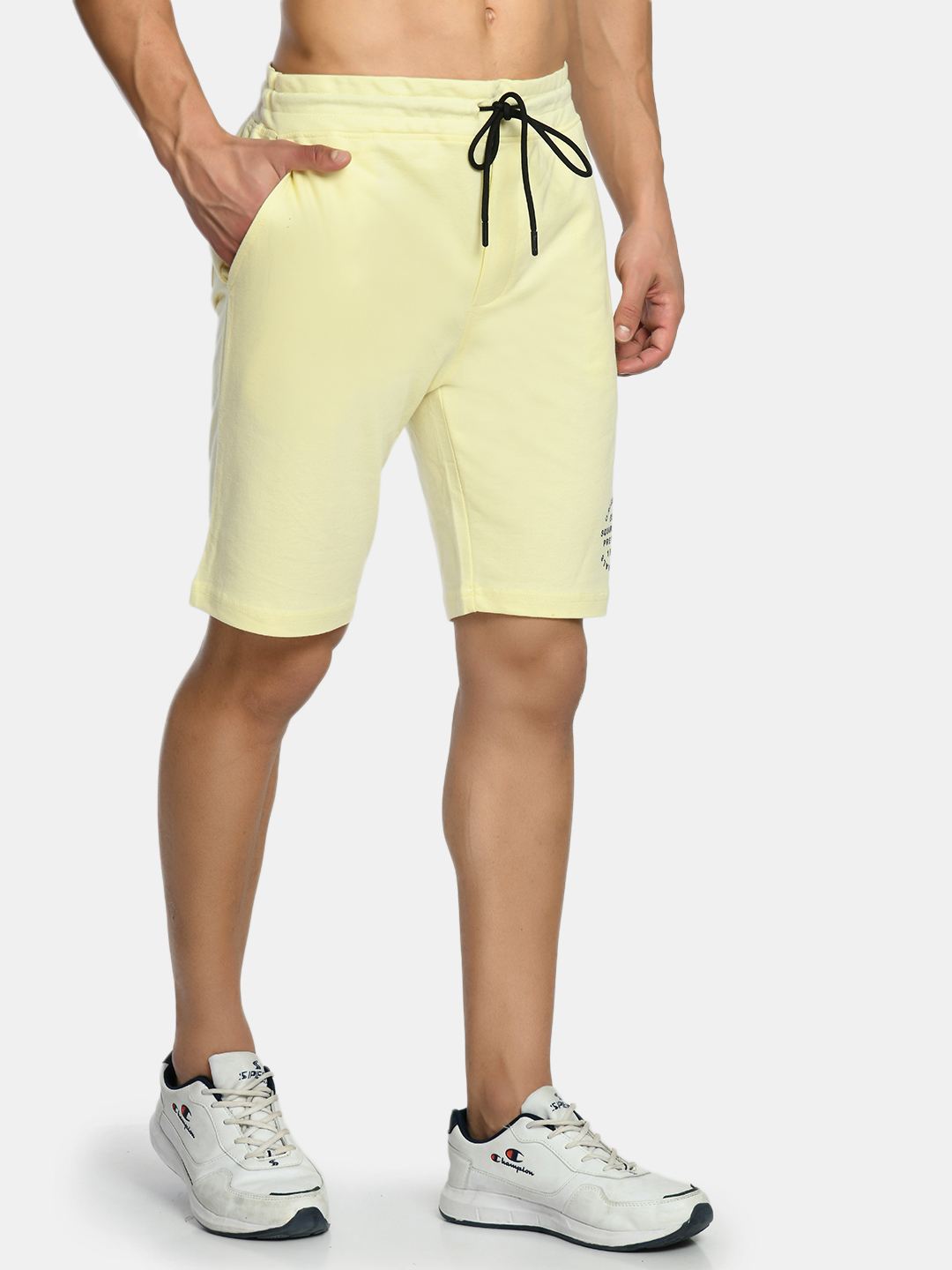 Men's Yellow Mid Rise Solid Knit Shorts