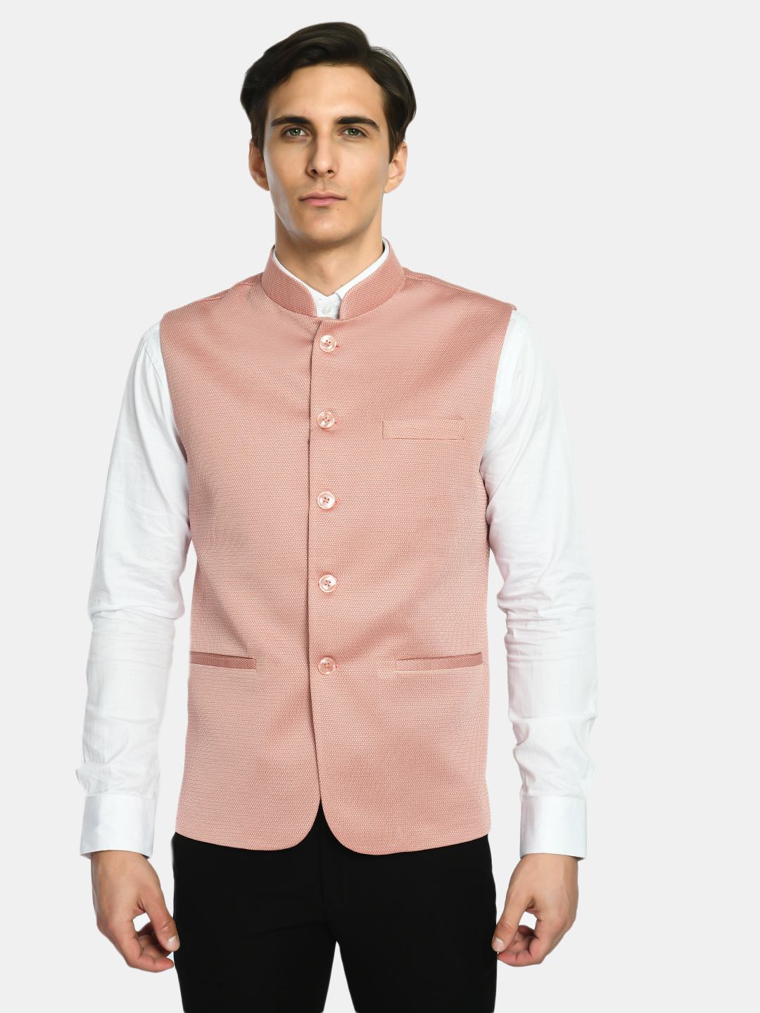 Pantone Peach Knitted Solid Nehru Jacket