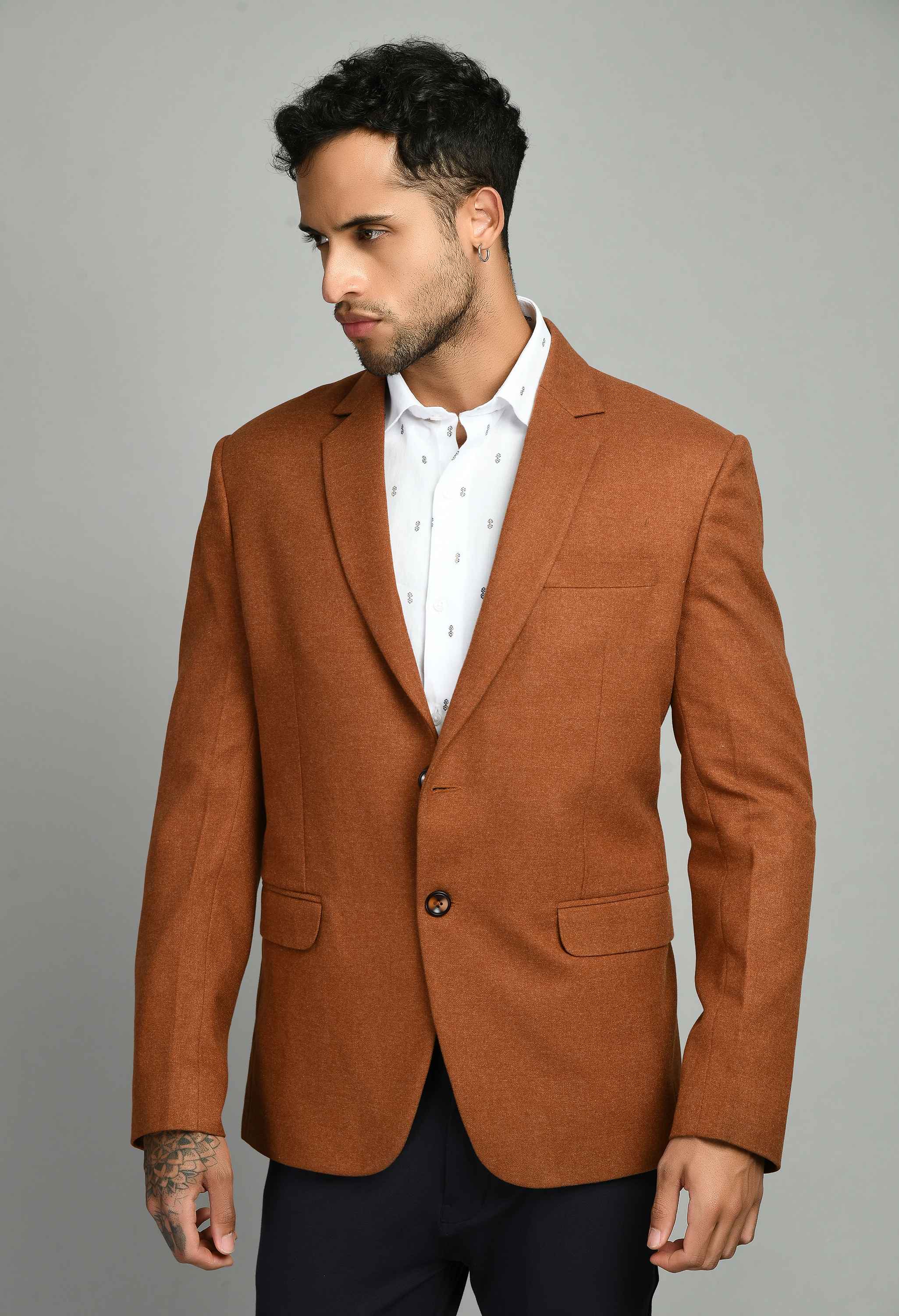 Rust Solid Casual Blazers with Notched Lapel