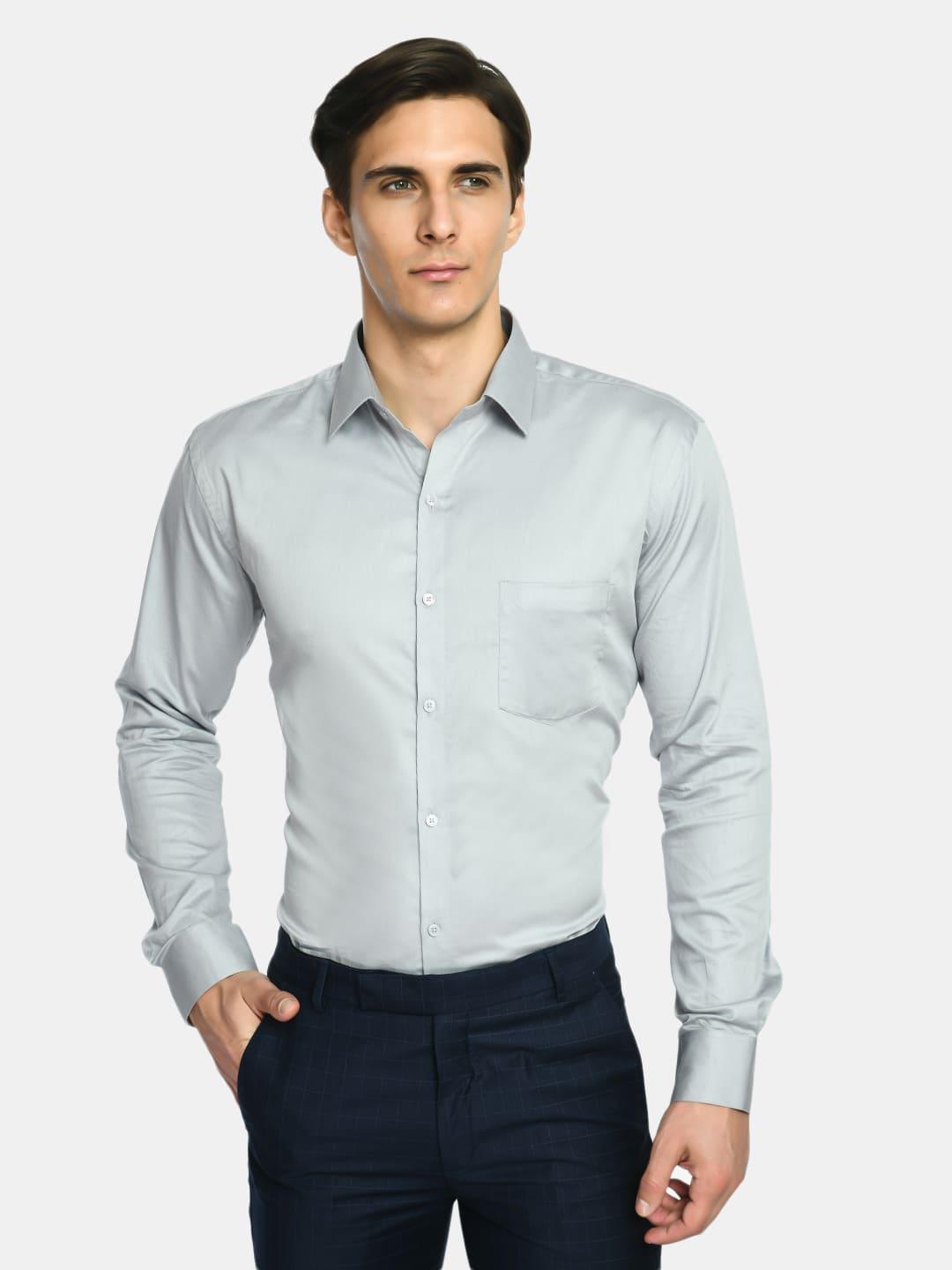 Solid Grey Formal Shirt with Curved Hemline
