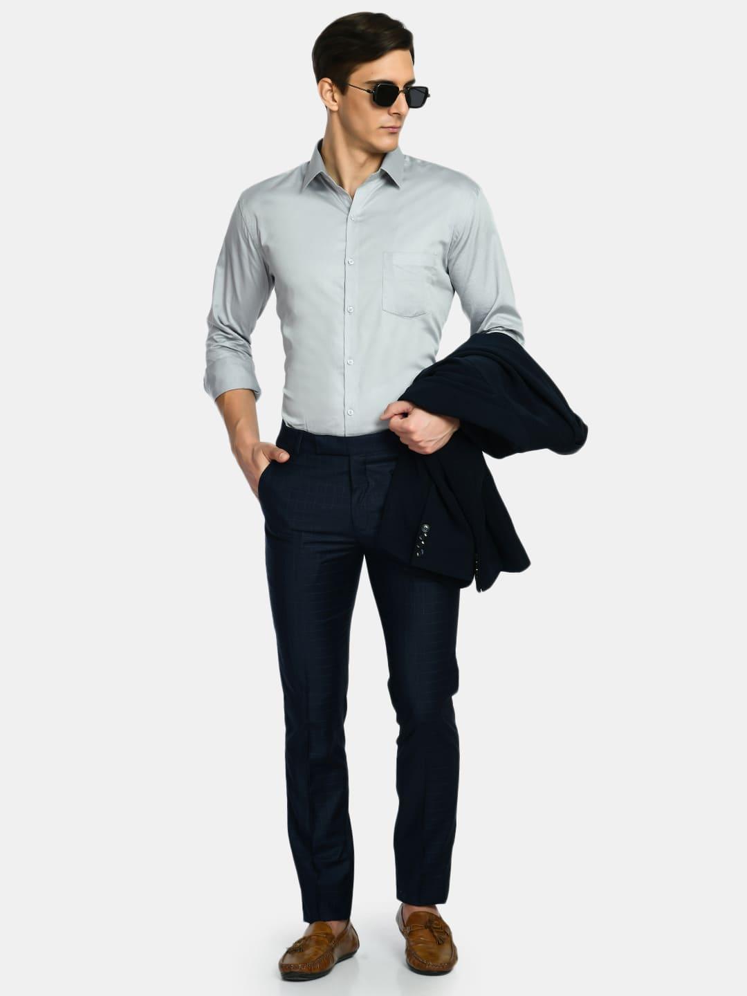 Solid Grey Formal Shirt with Curved Hemline