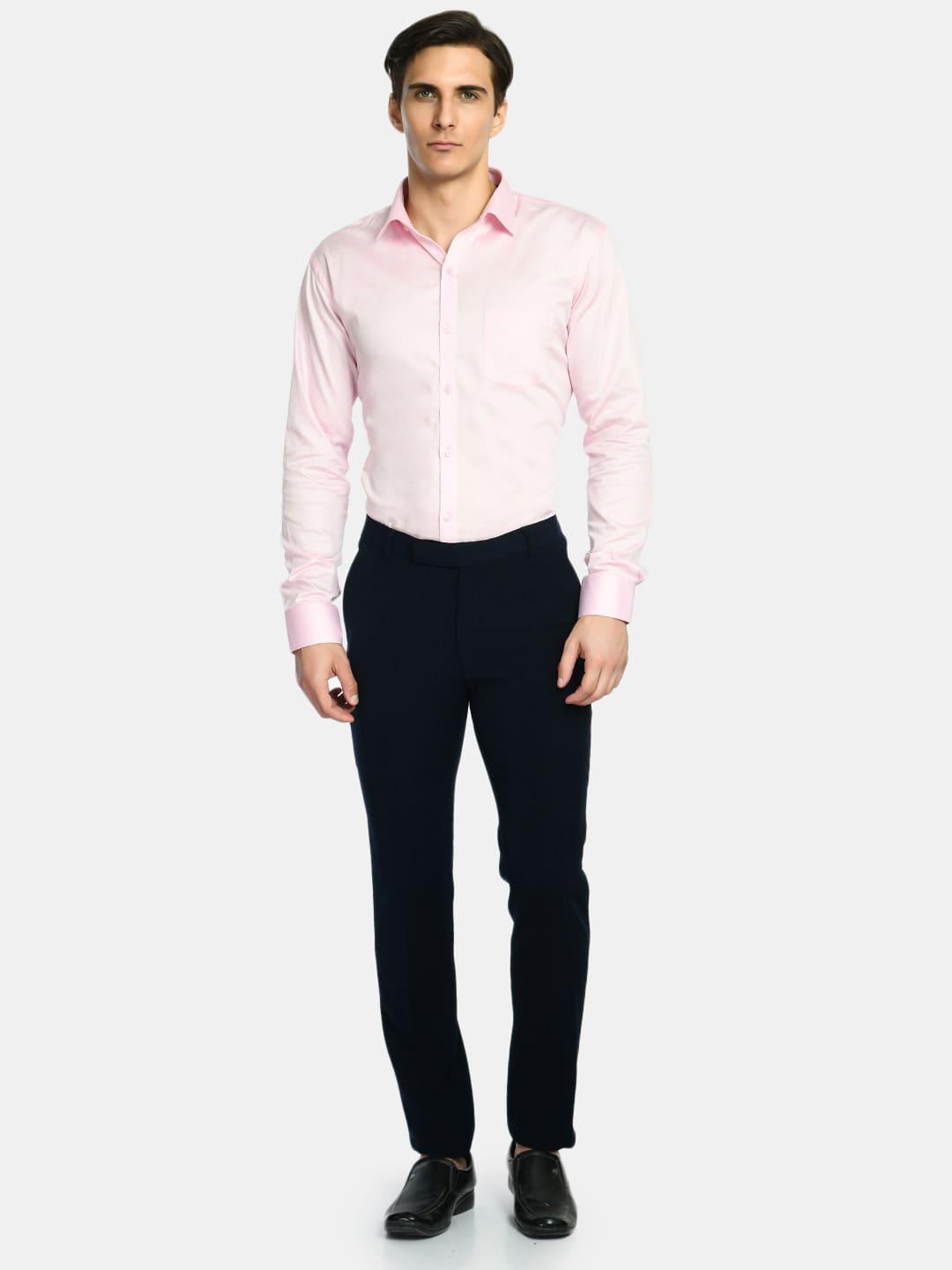 Solid Pink Spread Collar Formal Shirt with Curved Hemline