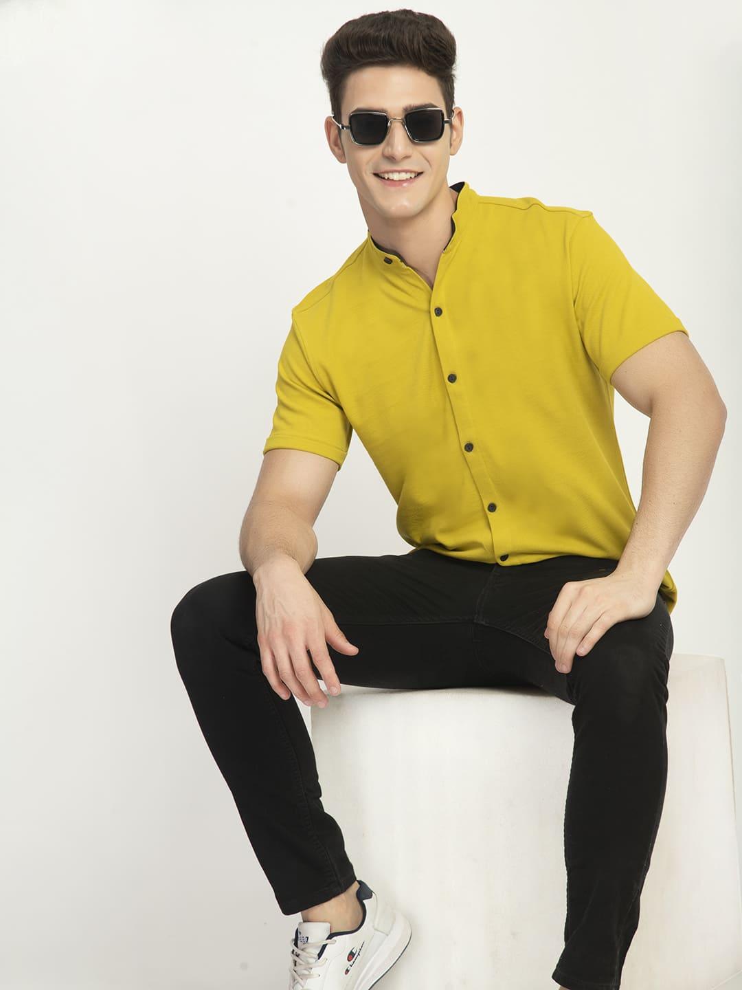 Men's Yellow Mandarin Collar Short Sleeve Shirt