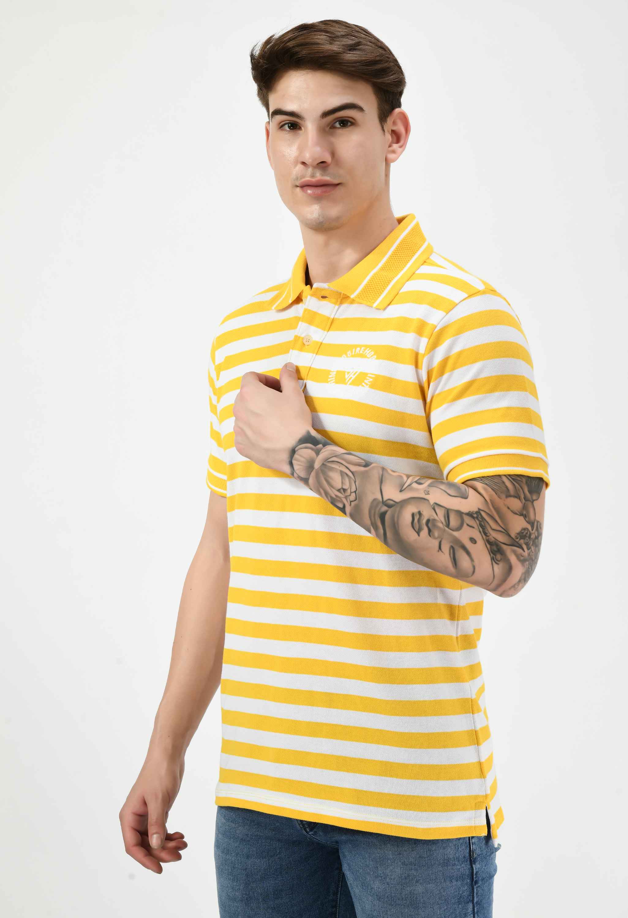 Men's Striped Yellow White Polo T-Shirt